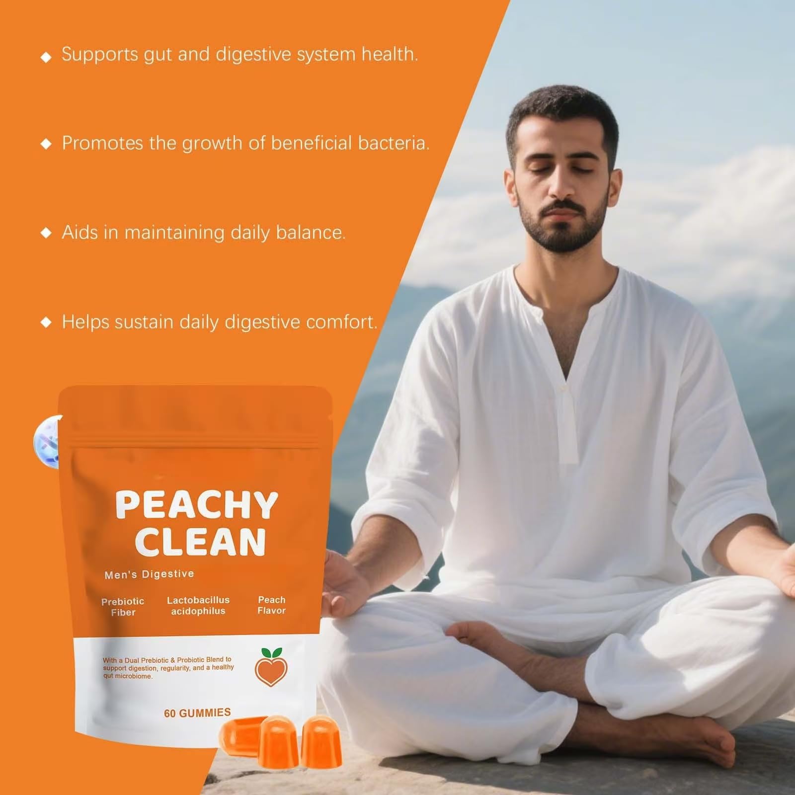 Peachy Clean Prebiotyk dla mężczyzn, 60 sztuk, wspomaga trawienie i jelita,3PCS