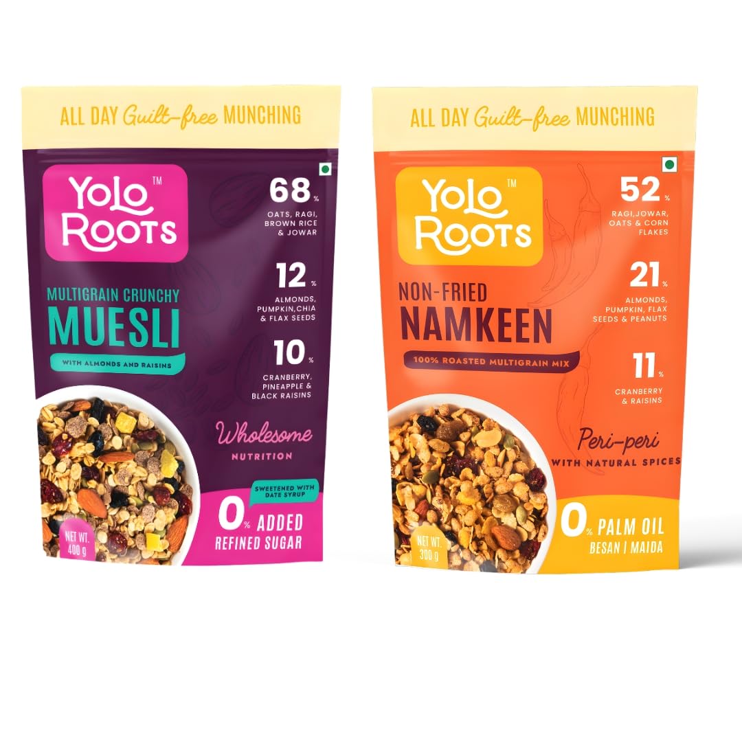 Yolo Roots Multigrain Crunchy Muesli 400g & Roasted Multigrain Peri Peri Namkeen 300g Combo, No Added Sugar Breakfast Cereal & Non Fried Healthy Snack, High Fiber Energy Food (Pack Of 2)
