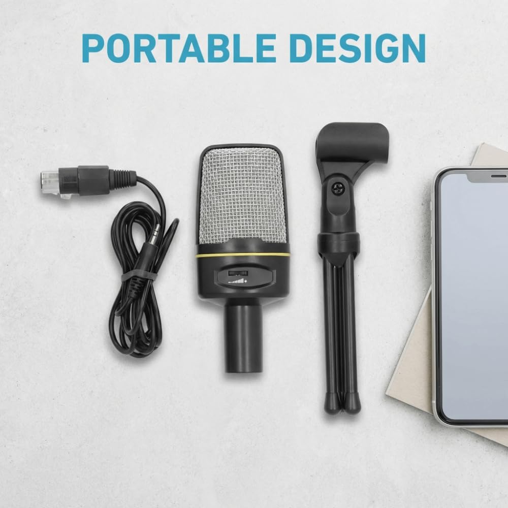 3.5mm Condenser Microphone with Volume Control Omnidirectional Recording Mic with Desktop Tripod for Podcasting & Gaming