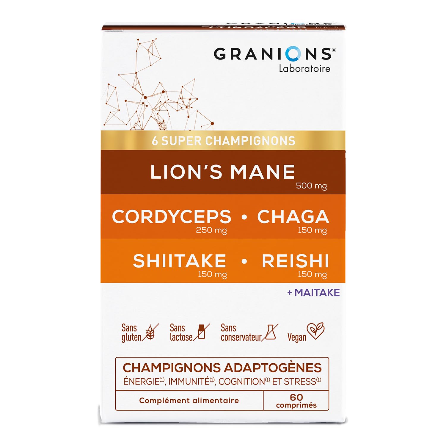 GRANIONS – Complexe Super Champignons Adaptogenes – LIONS MANE + CHAMPIGNONS CORDYCEPS + reishi + chaga + shiitake + maitake – energie immunite cognition stress – vegan 60 comprimes – 1 MOIS