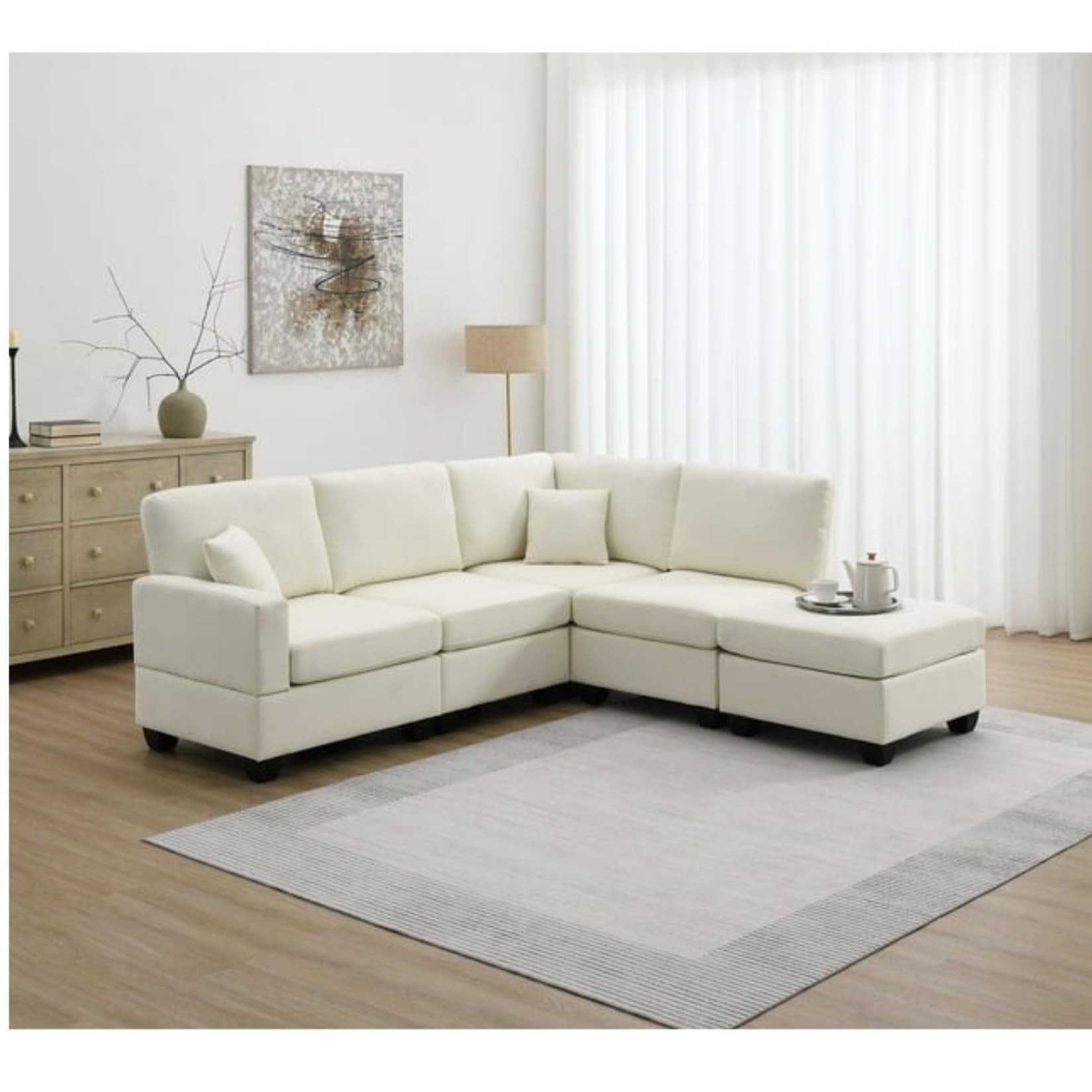 Cozyheaven Oliv 5 Seater Fabric L Shaped Sectional Sofa Set for Living Room (Beige)