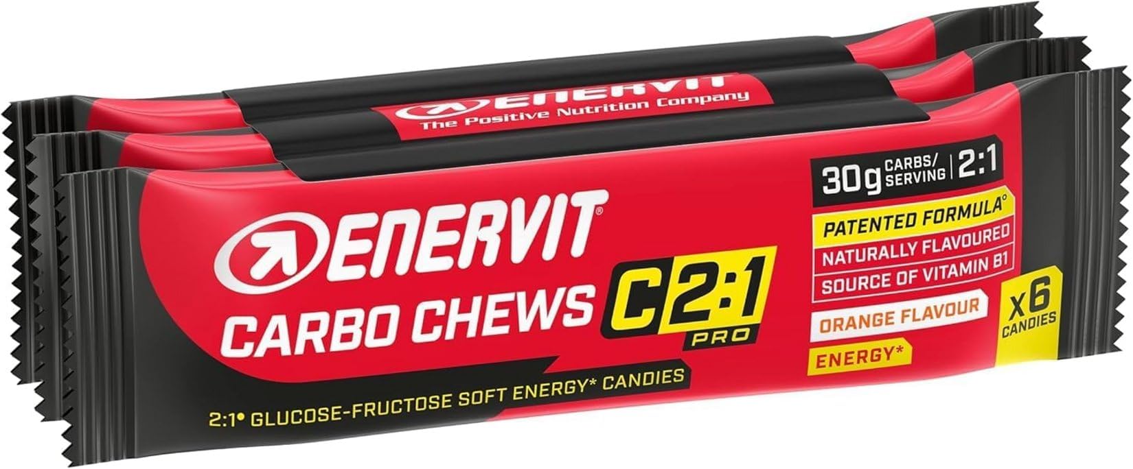 Enervit Carbo Chews C2:1PRO, Gominolas con Maltodextrinas y 30g de Carbohidratos, Para Actividades de Larga Duración y Alta Intensidad, Sin Gluten, Sabor Naranja, 3 Packs de 6 Gominolas