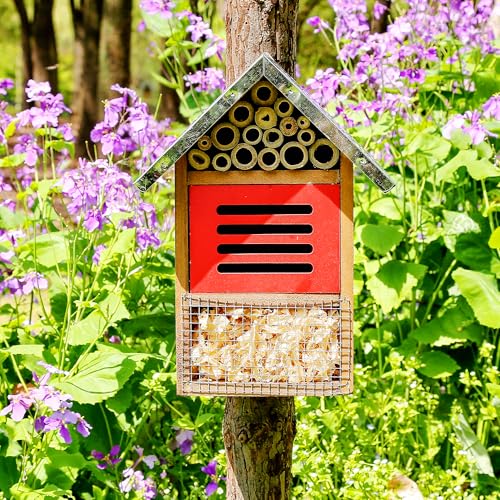 Image of Wooden Mason Insect Bee Butterfly House with Metal roof,an Outdoor Hanging Habitat for Bee Butterfly Ladybugs