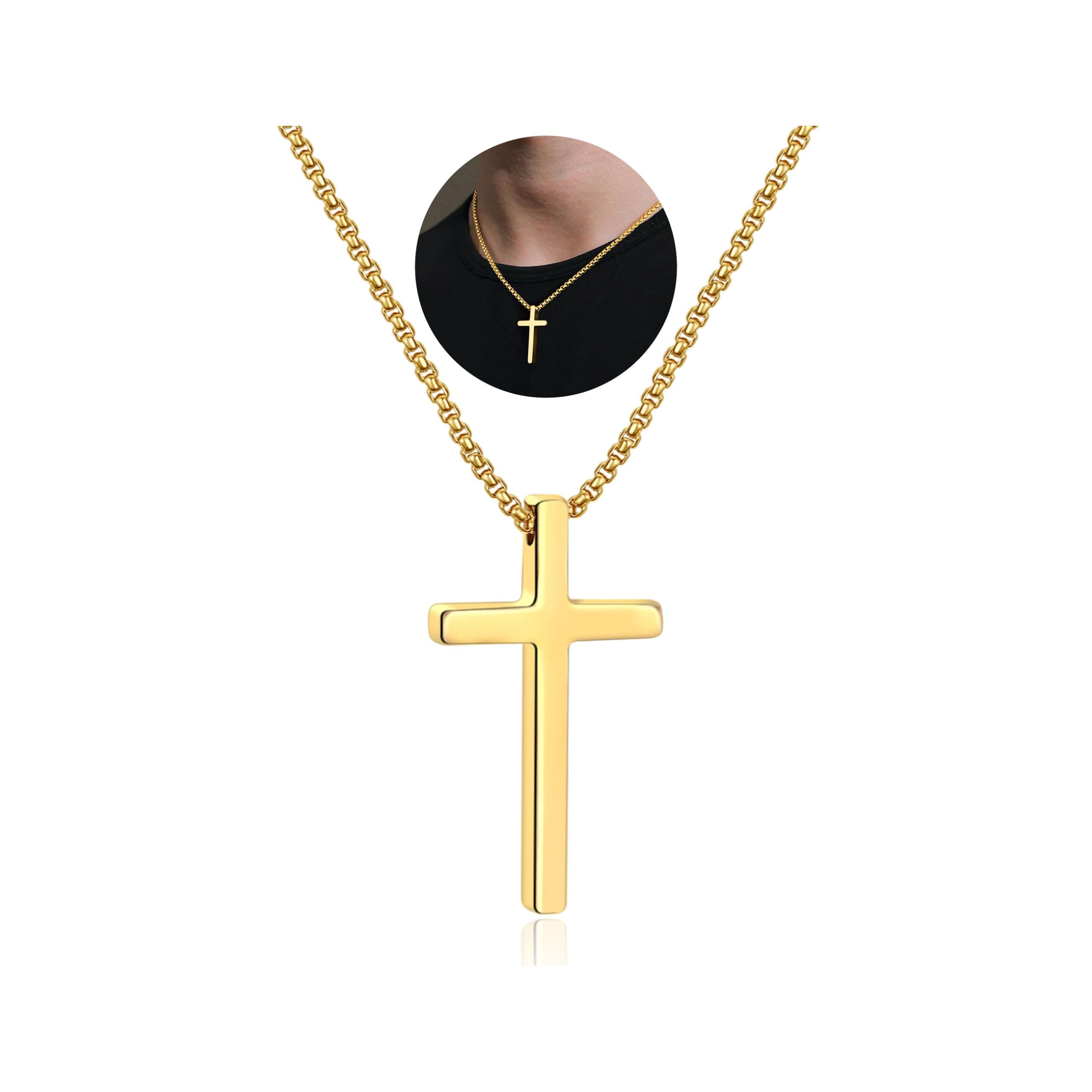 IEFSHINY Stocking Stuffers for Teen Boys Men - Christmas Gifts Stainless Steel Cross Pendant Chain Necklaces for Men, Mens 16-30 Inches Chain Gold Silver Black Cross Necklace Boys Jewelry Gifts