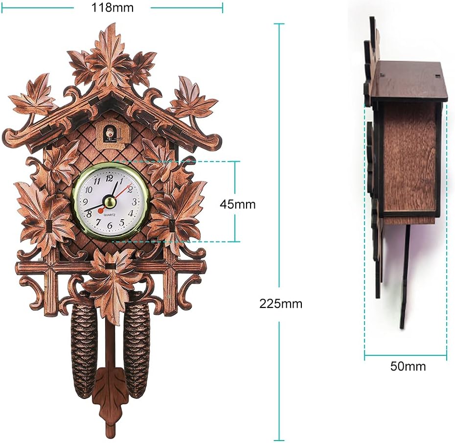 Diagram showing the dimensions of the Fesjoy Wood Wall Cuckoo Clock, Style 3.