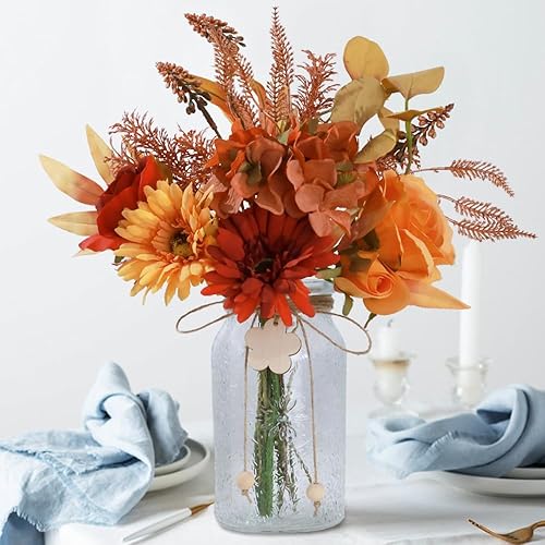 Miniatura 6 de Flores de seda con jarrón, arreglo de flores artificiales con jarrón de cristal, margaritas de rosas sintéticas para decoración de centro de mesa