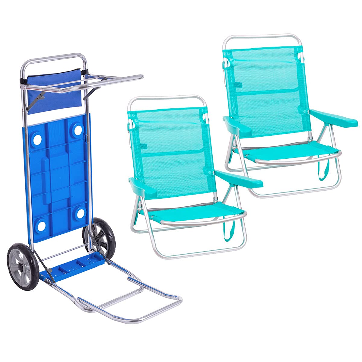 LOLAhome Pack de 2 sillas de Playa de Aluminio y textileno y Carro portasillas Doble (Aguamarina)
