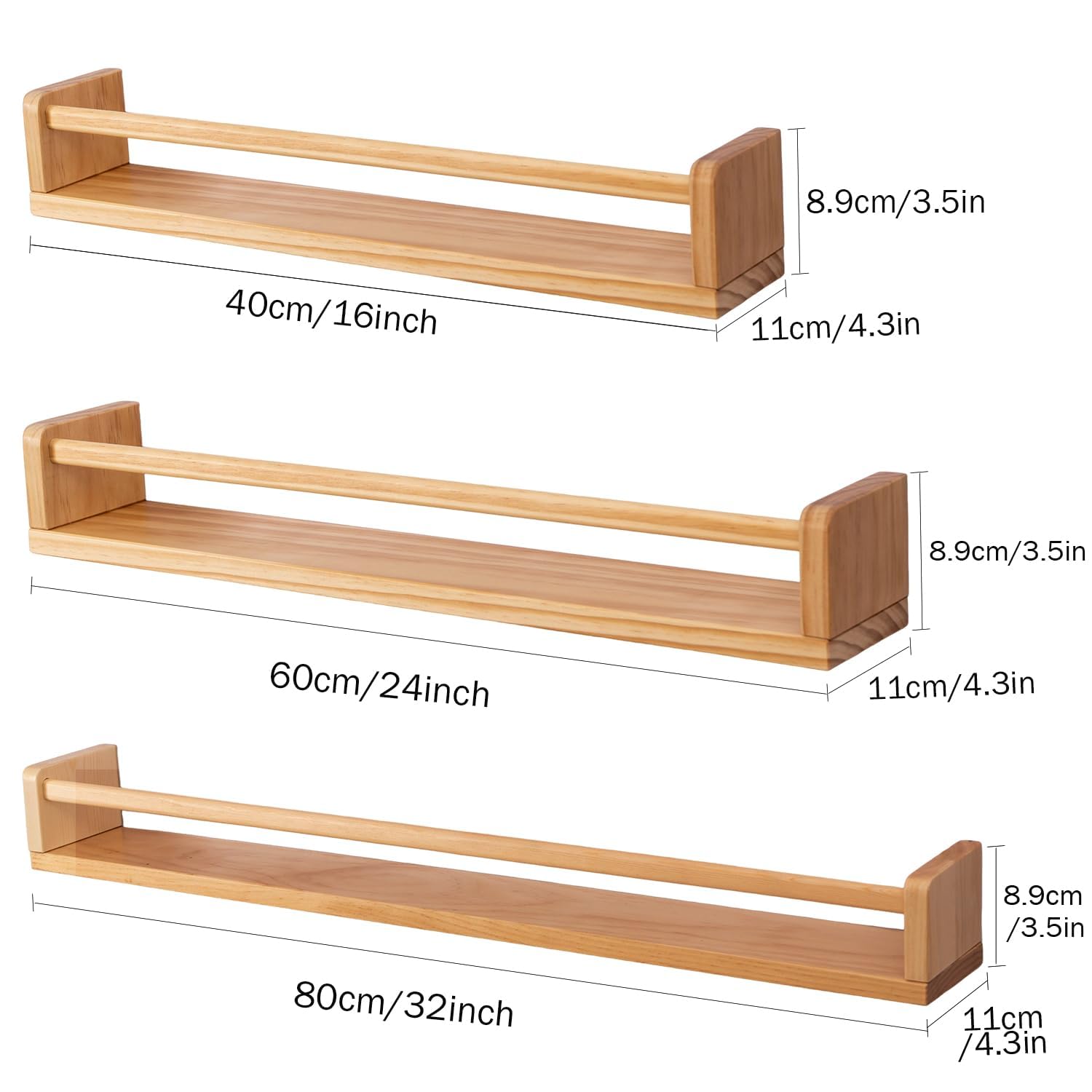 Gieanoo Nursery book shelf,Set of 2 Floating Shelves Solid Natural Wood 80cm bookshelf kids room Wall Mounted baby floating book shelves Wall decor for Children's Room - Image 3