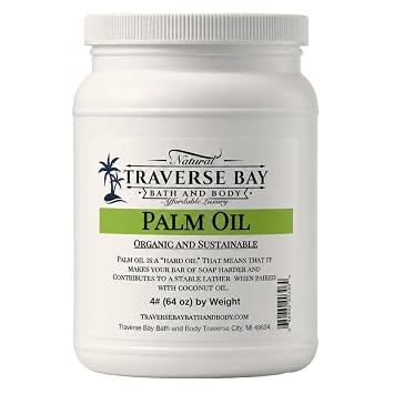 Traverse Bay Bath and Body Palm Oil, Soap Making Supplies. Organic, Sustainable, Kosher, 4 Pounds 64 oz with Safety Seal Lid