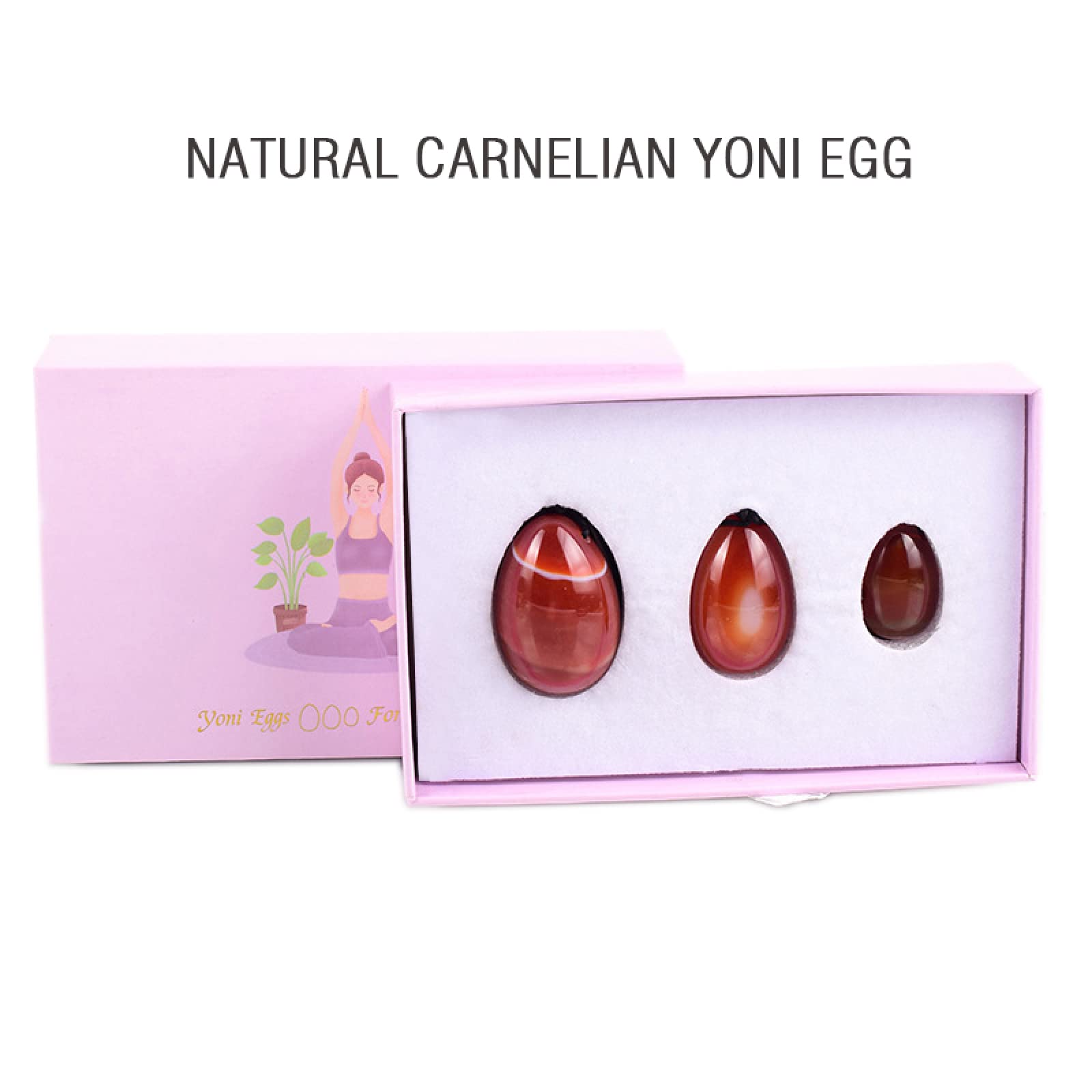 3Pcs Natural Carnalian Yoni Egg Set Femmes Kegel Exercice, 3 œufs avec boîte