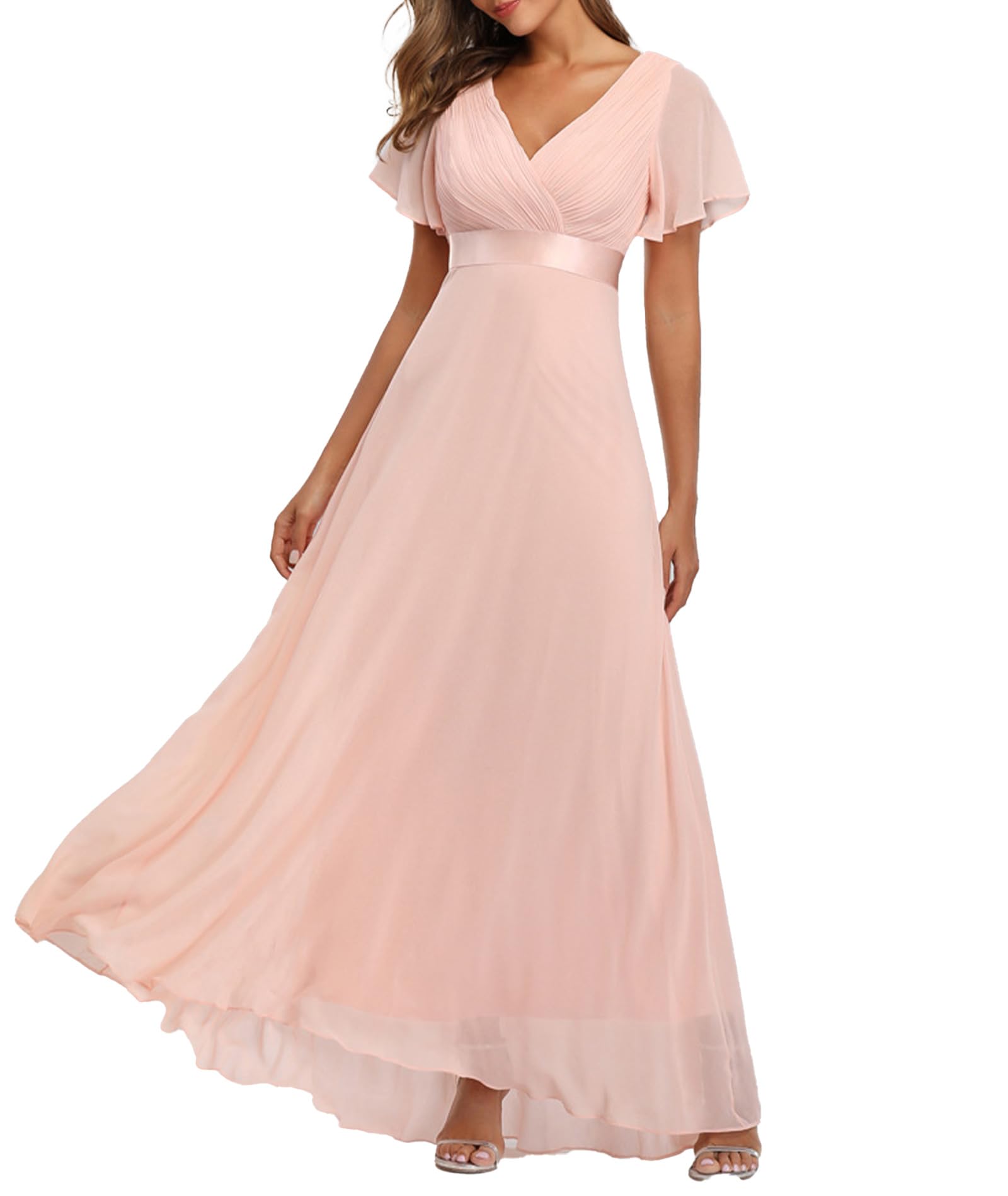 Women's Evening Dresses Belt V-Neck High Waist A-line Chiffon Bridesmaid Dress Elegant Long Prom Dress