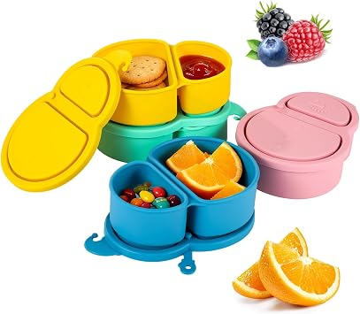 4Pcs Reusable Silicone Snack Containers with Lids | Dual Compartment Snack Boxes with Lids, Portable Food Storage Boxes, Mini Leakproof Seasoning Boxes for Lunch, Travel, Office
