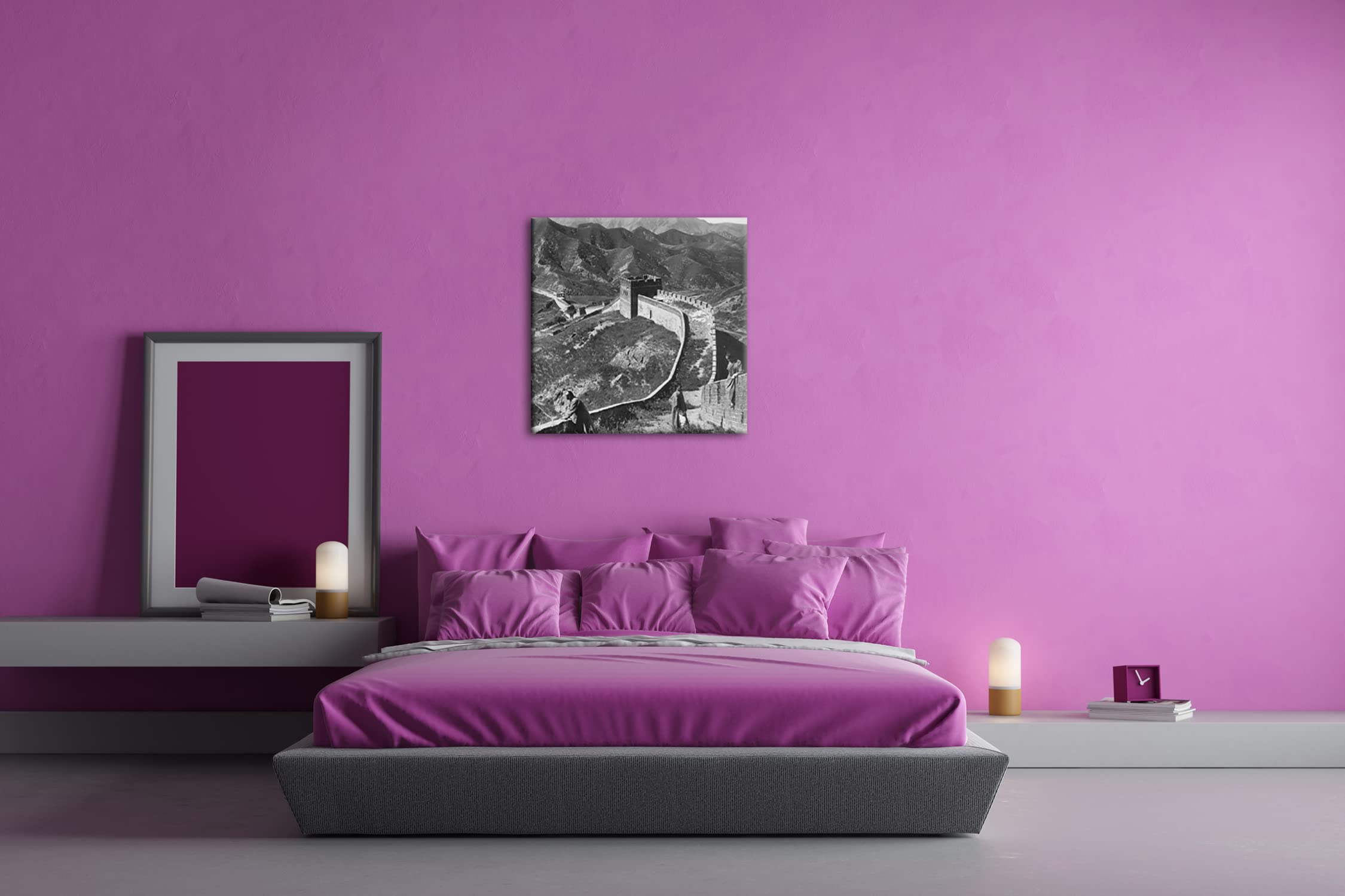 Formato del grande muro cinese: 70 x 70 Effetto: bianco e nero come stampa su tela, motivo già incorniciato su cornice in vero legno, stampa digitale di alta qualità, nessun poster o poster