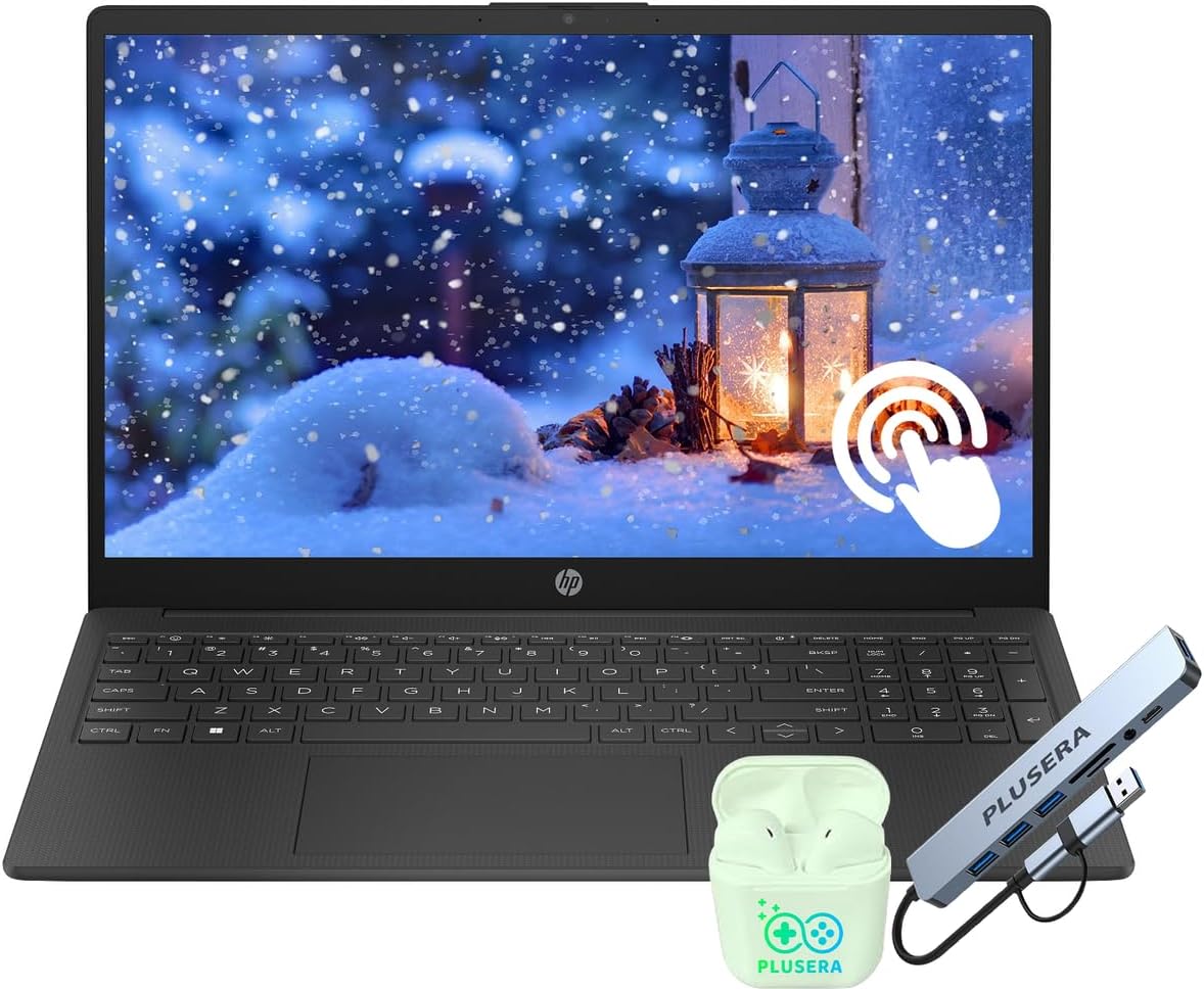 HP 15.6" FHD Touchscreen Laptop Computer, 16GB RAM 1.2TB Storage (256GB SSD+1TB Cloud Storage), 8-Core AMD Ryzen 7, Windows 11, Copilot AI-Ready, WiFi-6, PLUSERA Earphones & 8-in-1 Hub Included, Black