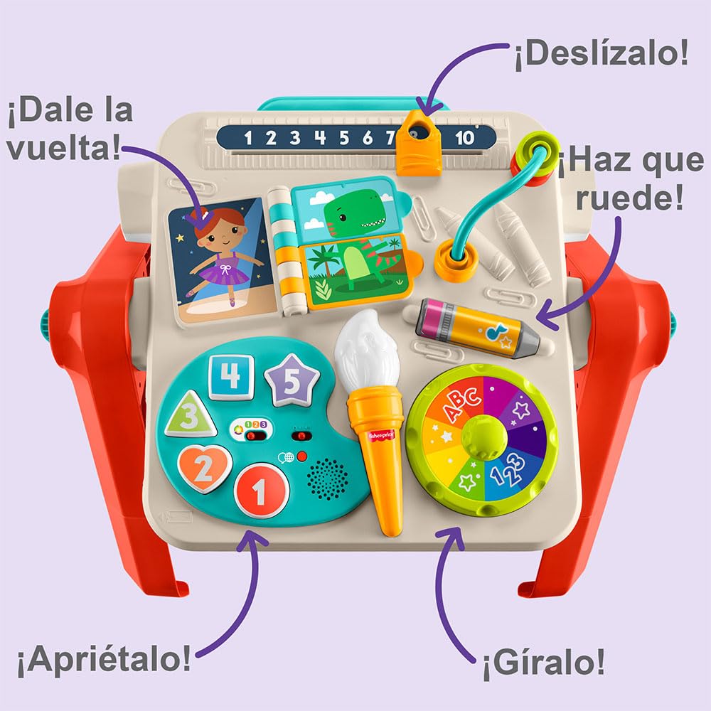Fisher-Price Laugh & Learn Stół do ćwiczeń 4 w 1 i sztaluga artystyczna z muzyką edukacyjną dla chłopców i dziewcząt od 6 miesięcy, wersja wielojęzyczna, JGW89