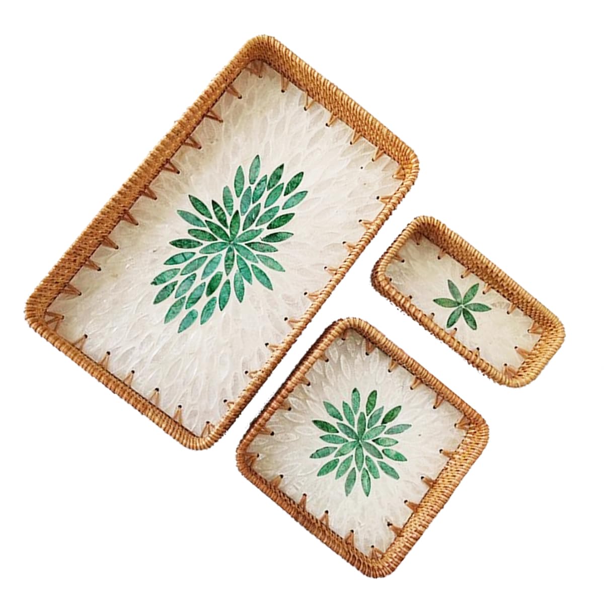 i-lan Set of 3 15" Rectangular Rattan and Mother of Pearl Serving Tray, Green Leaf Pattern Decorative,Boho Rectangule Natural Rattan Woven Trays for