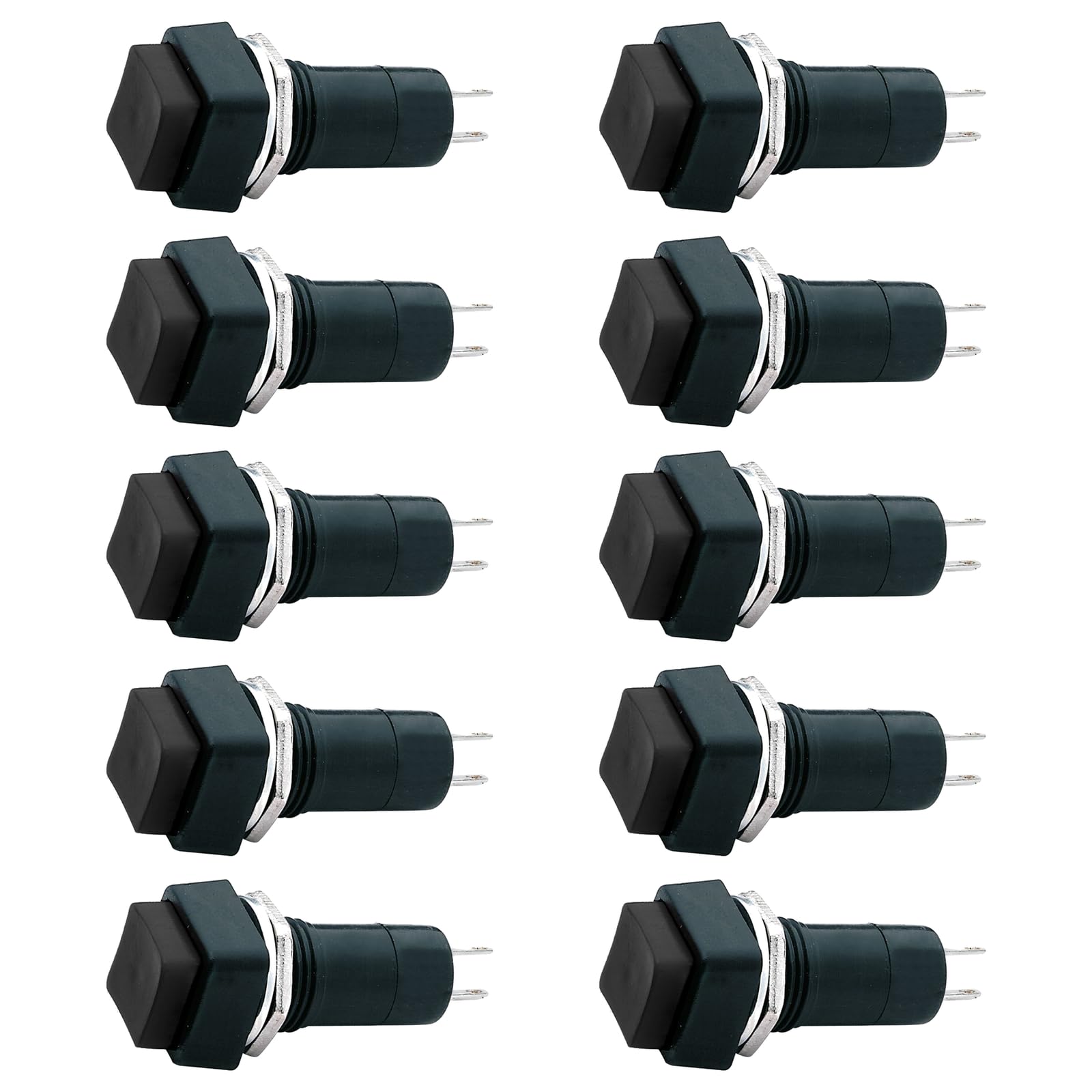 10 bouton NA normalement ouvert 18 x 18 mm, bouton noir, unipolaire, carré, trou de montage 12 mm M12, fixation à vis avec virole, panneau 12 V 220 V 1 A, contacts à souder, micro, mini, NO