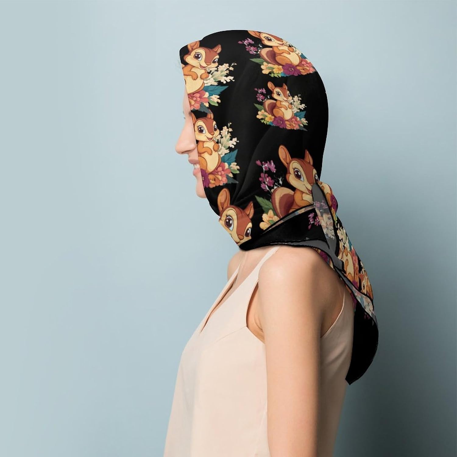 Cute Squirrel With Flowers Bandana Fashion Head Scarf Square Silk Scarf Print Neck Hair Scarfs for Women Men Gifts