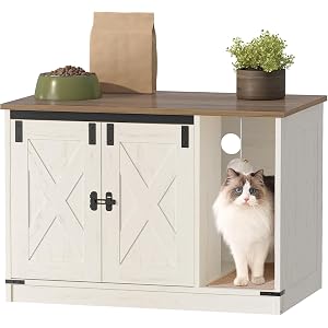 Hzuaneri Cat Litter Box Enclosure, Hidden Litter Box Cabinet Furniture with Bell, Indoor Cats House, Farmhouse Style, 31.5 x 19.7 x 20.9Inches, for Hallway, Bedroom, Rustic Brown and White CB82414X