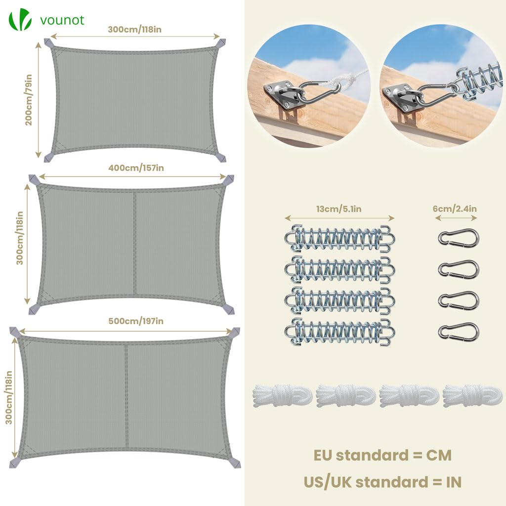 VOUNOT® Vela Ombreggiante Impermeabile Rettangolare 3x5m, Tenda da Sole per Esterno in Polyester con Kit di Fissaggio, Protezione UV 95%, Vele Ombreggianti per Giardino, Balcone, Terrazza, Grigio