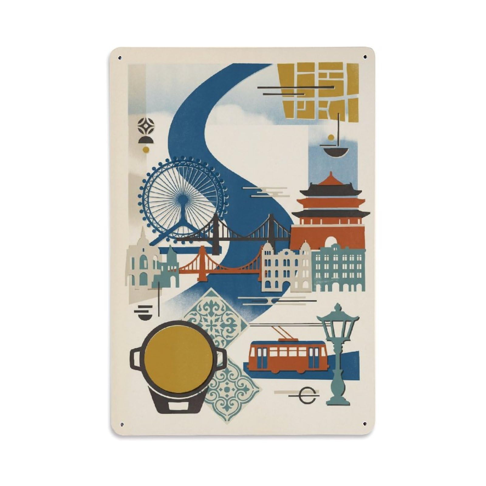 Okngb Style Illustration Travel Tianjin Cityscape Heritage Mosaic Metal Tin Sign Plaque Wall Decor For Cafe, Man Cave, Club Bar, Office, Home Garden Round Metal Poster 8X12inch