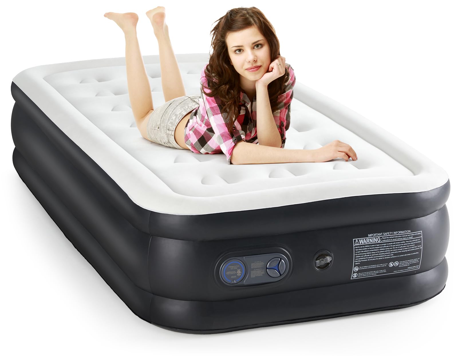 DUMOS 18" Twin Inflatable Air Mattress, Blow Up Airbed with Built-in High Capacity Pump, Double Height, Non-Slip Bottom, 660 lbs Weight Capacity for Home and Camping
