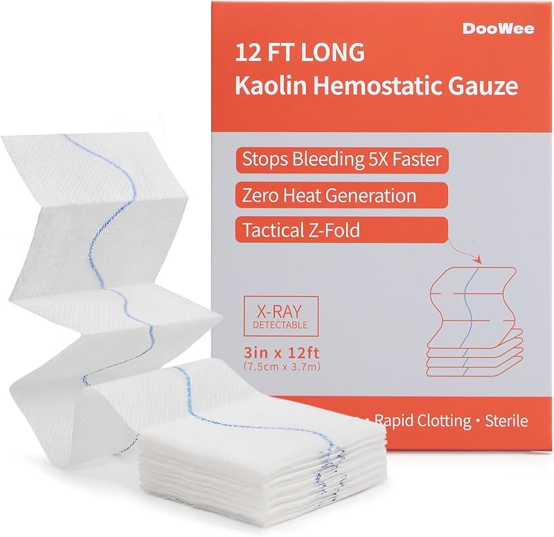 DooWee Kaolin Hemostatic Gauze – Advanced Z-Fold Combat Dressing for Emergency Bleeding Control, Quick Clotting Gauze with X-Ray Line for First Aid & IFAK Kits, 3in x 12ft
