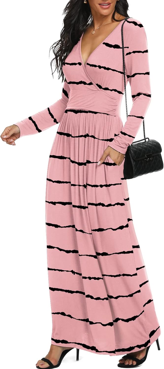 LILBETTER Women Long Sleeve Deep V Neck Loose Plain Long Maxi Casual Dress - Image 2