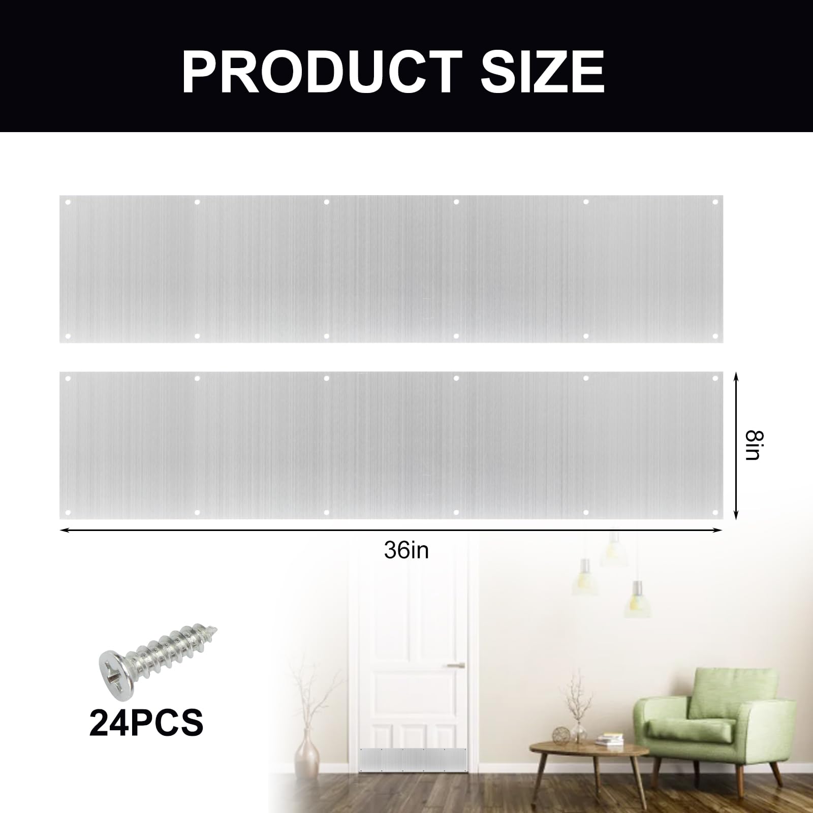 2 placas plateadas para puertas exteriores, adecuadas para placas de puerta de 36 x 8 pulgadas, placas de aluminio con tornillos para puertas interiores y exteriores para evitar que la puerta