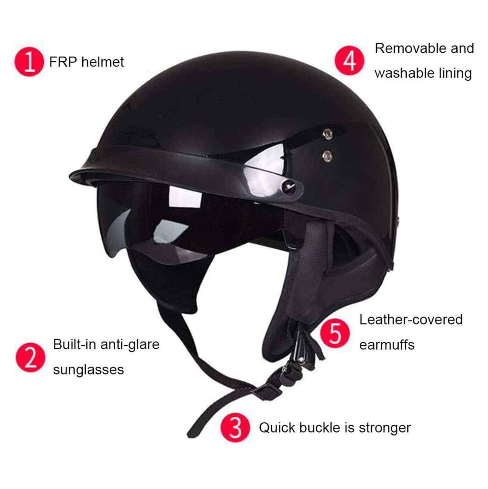 Półkask retro, półkask dla dorosłych motocykla z otwartą twarzą z włókna szklanego, hulajnoga rowerowa Classic Jet Half Helmet, dla mężczyzn i kobiet, zatwierdzony przez ECE (55-63cm)