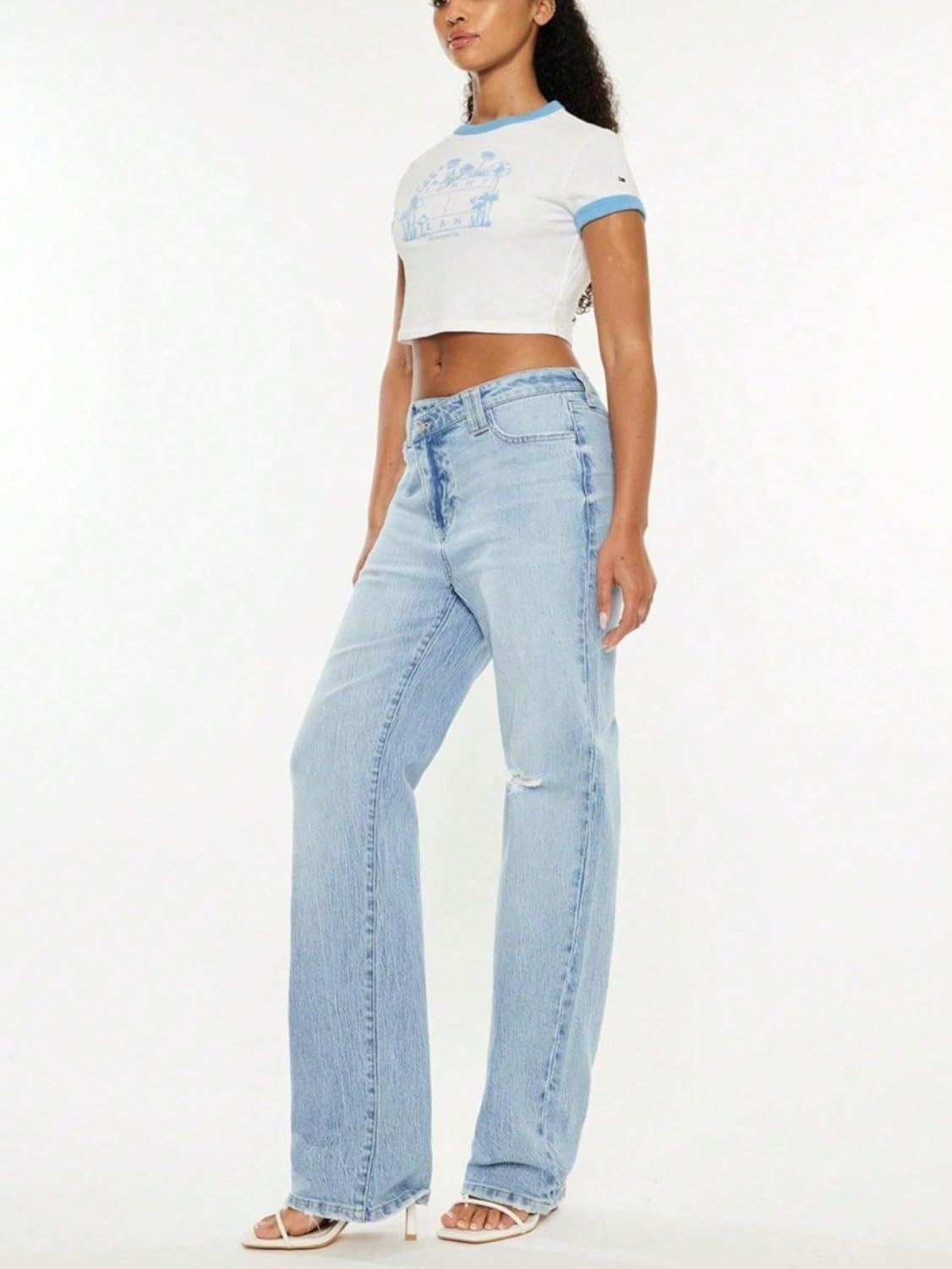 Womens Casual Straight Leg Jeans Retro High Waisted Distressed Denim Pants Light Blue Wash Vintage Style - Image 3