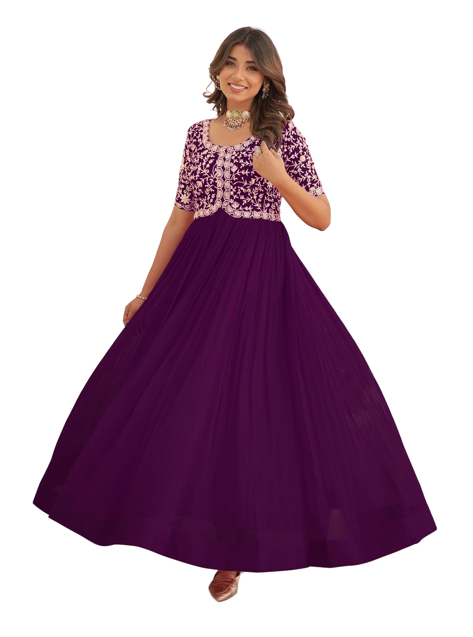 Fashion Basket Georgette Embroidered Anarkali Gown For Women Purple