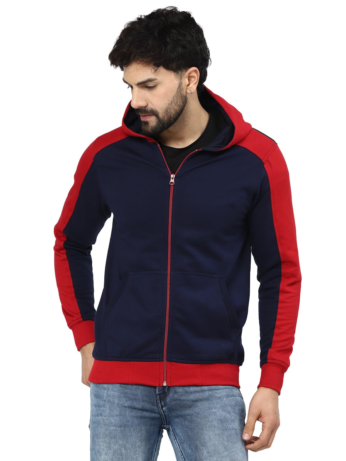 kalt Men Full Sleeves Zipper Fleece Colour Block Hoodie-picture-13