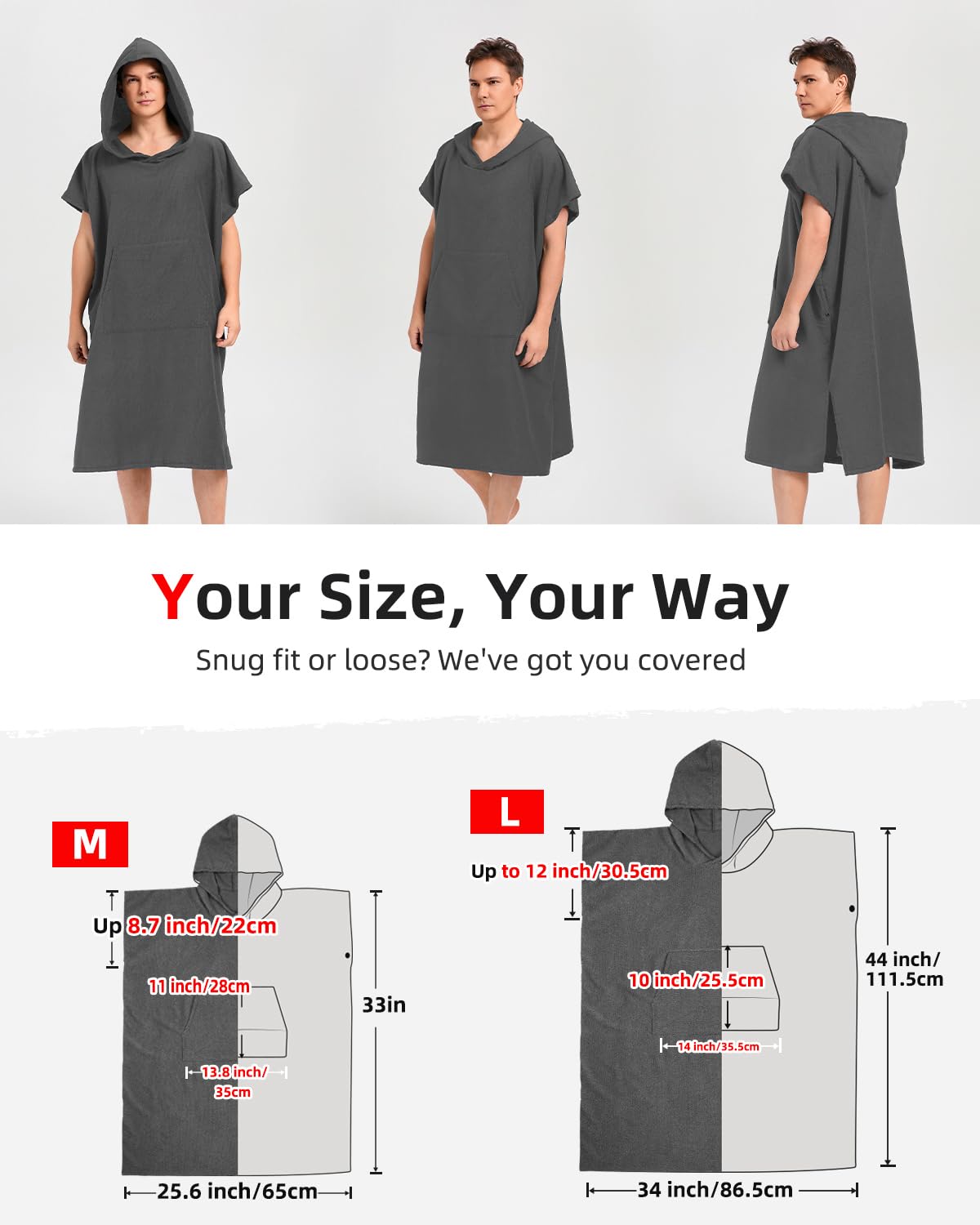 Abahub Surf Poncho Herren Damen Badeponcho Handtuch Poncho für Erwachsene mit Kapuze schnell trocknender Umkleide-Bademantel Mikrofaser zum Surfen, Strand, Schwimmen M/L