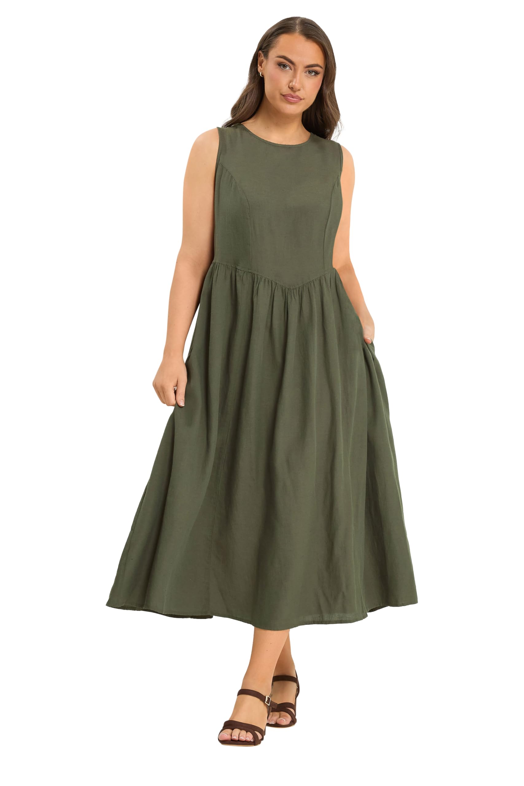 Yours Women's Dark Olive Sleeveless Linen Maxi Dress In | Size: 14