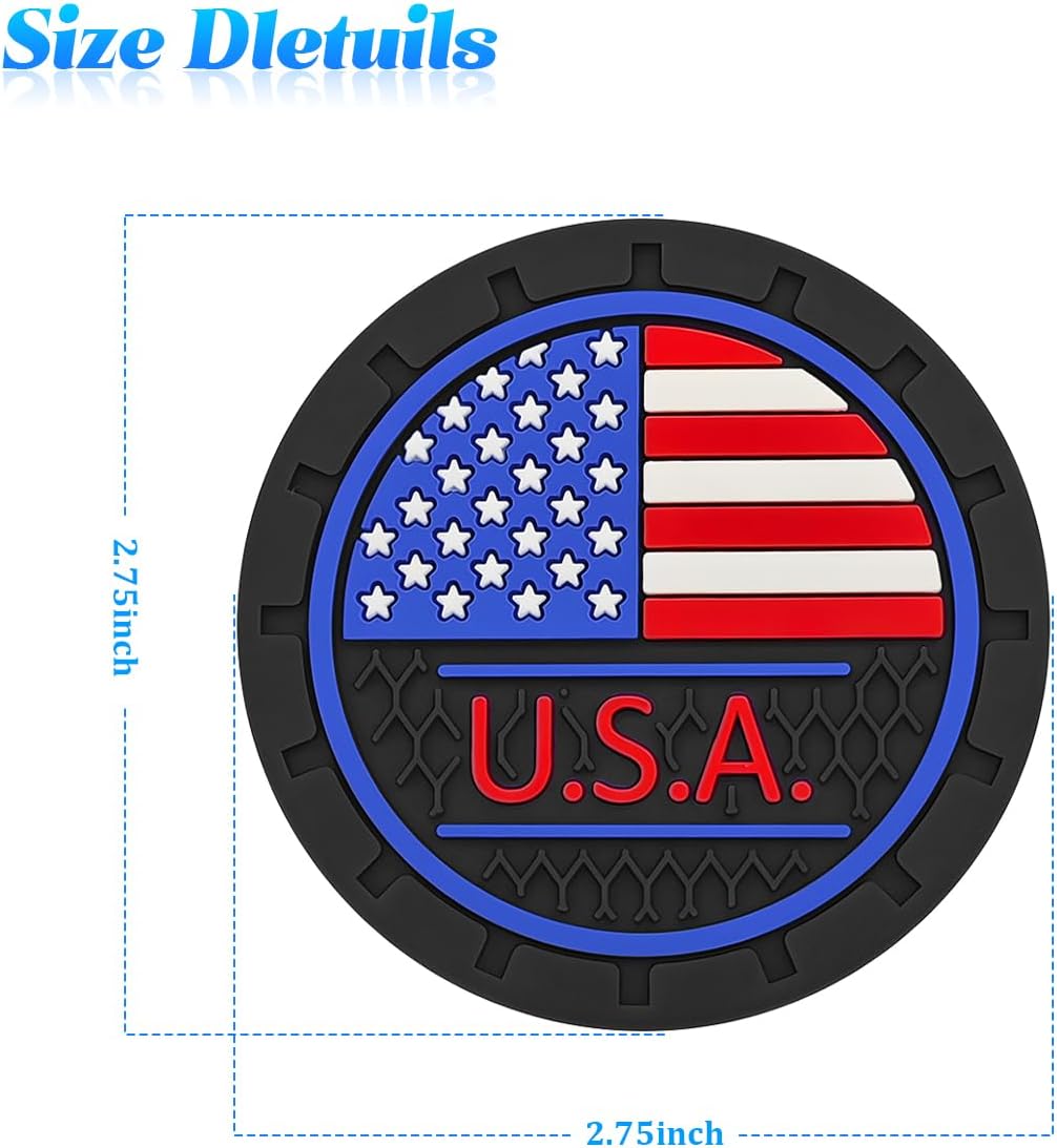 HZEL 2PCS Car Cup Holder Coaster, American Flag Patriotic Non-Slip Drink Cup Insert Pad Ornament, USA Flag Dustproof Automotive Water Bottle Holder Mat, Universal for SUV Sedan Truck (Black/Blue) image 2
