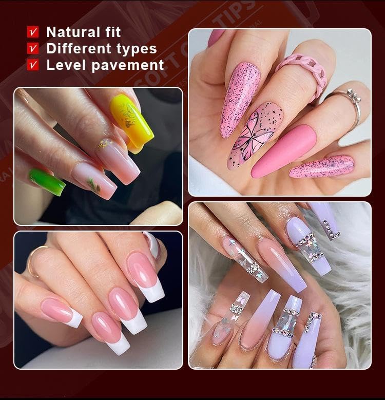QUEENFINGER Gel X Nail Tips, Soft Gel Full Cover Clear Acrylic Nail Extensions for Manicure Nail Art Salon or Home DIY Use Medium Length (600PCS #QF6) 4