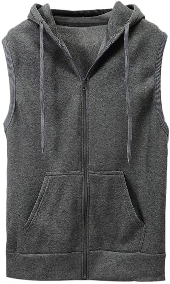 Mens Zip Up Sleeveless Hoodie Workout Cotton Fleece Cut Off Sweatshirt Pockets Drawstring Solid Sports T-Shirts Gray