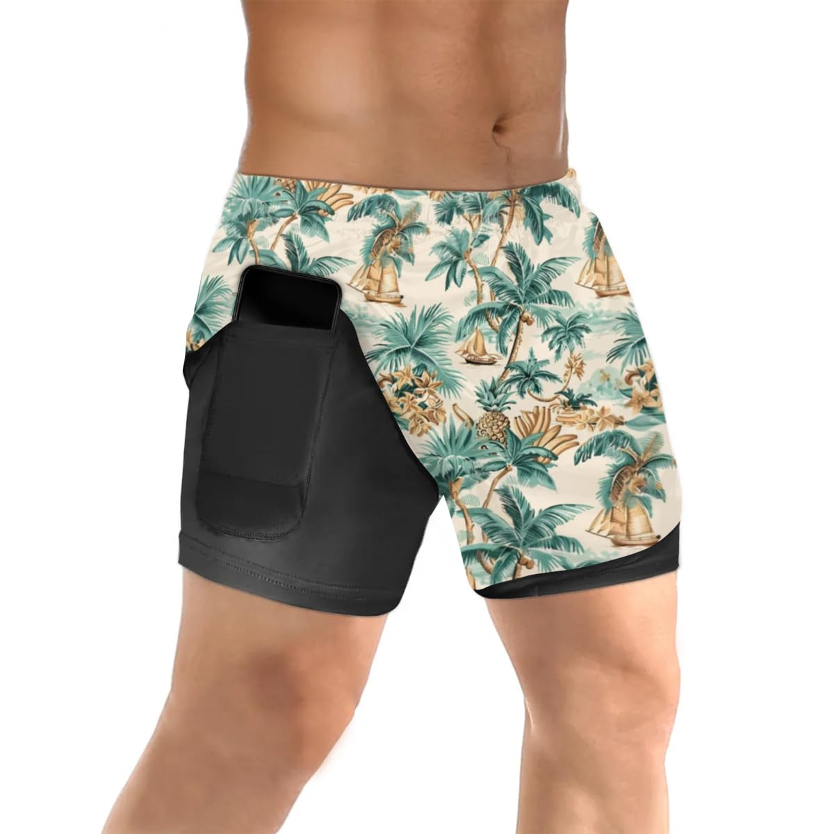 Mens 2 in 1 Running Short Hawaiian Pattern Gym Athletic Sport Shorts for Men with Liner Phone Pockets