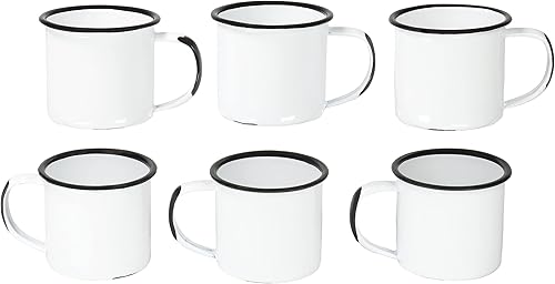 Red Co. Juego de 6 tazas redondas de café y té de metal esmaltado de 5 onzas con asa, borde blanco/negro envejecido