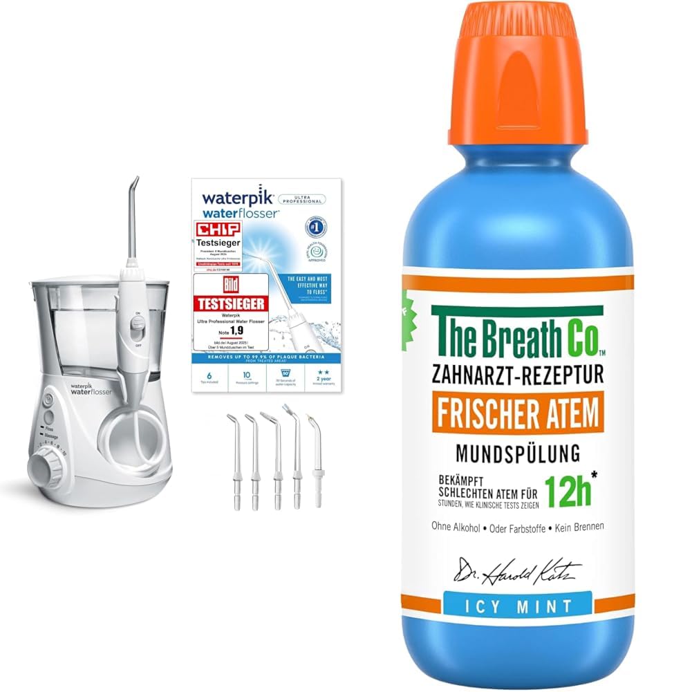 Waterpik Ultra Professional Munddusche, Testsieger 2026, Precision Pulse Technology & The Breath Co. Mundspülung Antibakteriell, 12h Frischer Atem, mit Aktivsauerstoff, Alkoholfrei, Eis Minze, 500ml