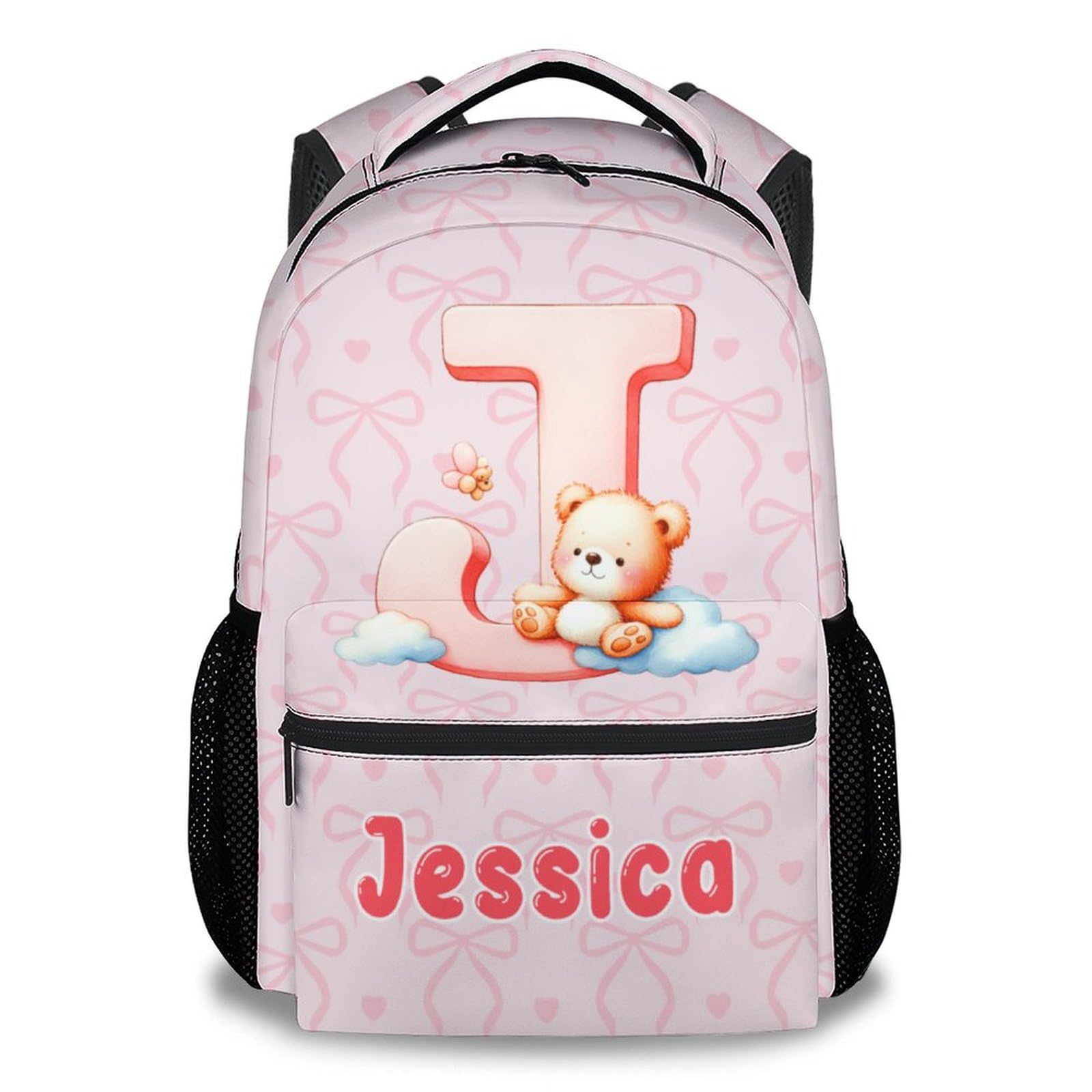 PUREGIFTS Custom Backpack for Girls 4-6 - 17 Inch Large Capacity Bear Initial Name Backpacks for Elementary - Toddler Girls Lightweight Bookbag
