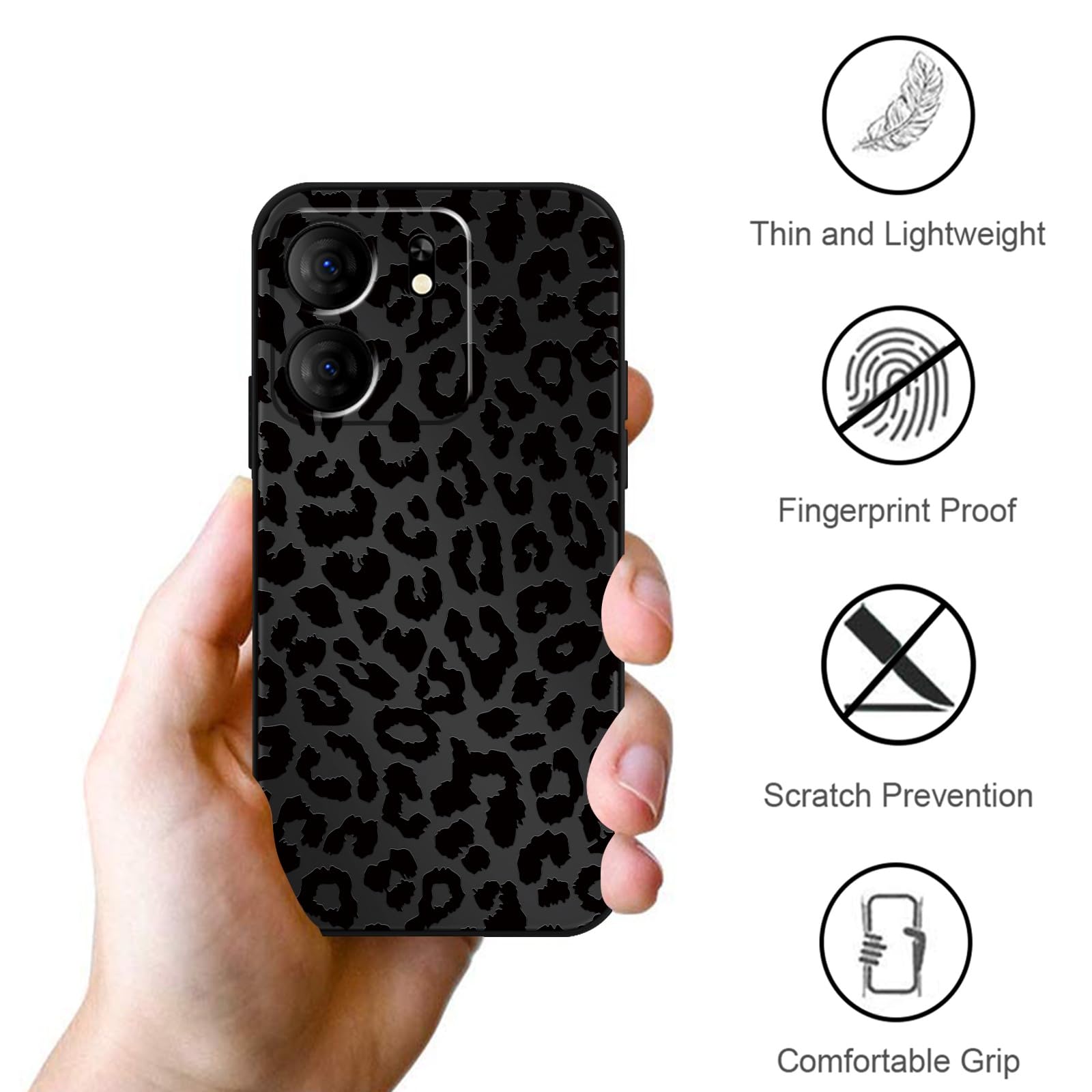 Funda protectora de TPU para BLU View 5 B160V de 6.6 pulgadas, diseño estético de leopardo negro, funda protectora de TPU suave y delgada a prueba de golpes para mujeres y niñas