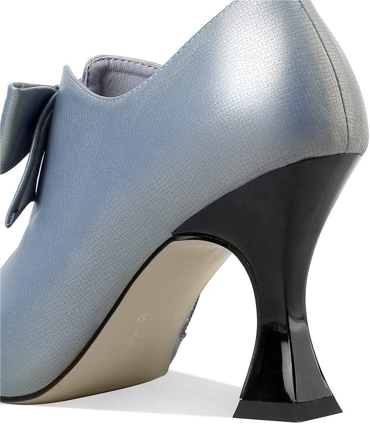 TinaCus Women's Genuine Leather Handmade Sexy High Spool Heel Patent Pointed Toe Side Zipper Pump Shoes with Cute Bow