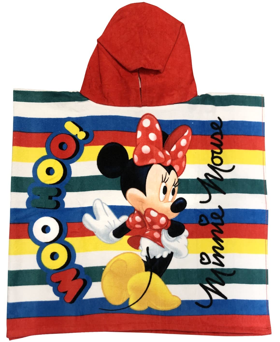 Disney Minnie Mouse Beach & Bath Towel - Red, Yellow, Blue Stripe Design, 100% Cotton