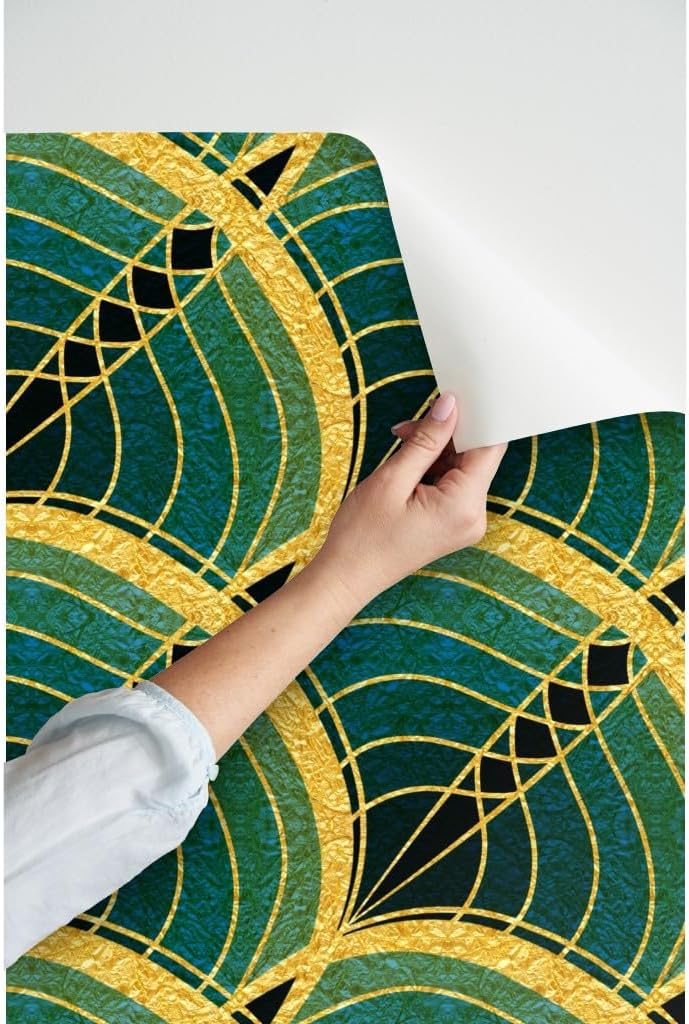 Spoonflower Peel & Stick Wallpaper 3ft x 2ft - Gold Art Deco Wave Cyan Teal Tile Deep Blue Midnight Green Black Pattern Custom Removable Wallpaper