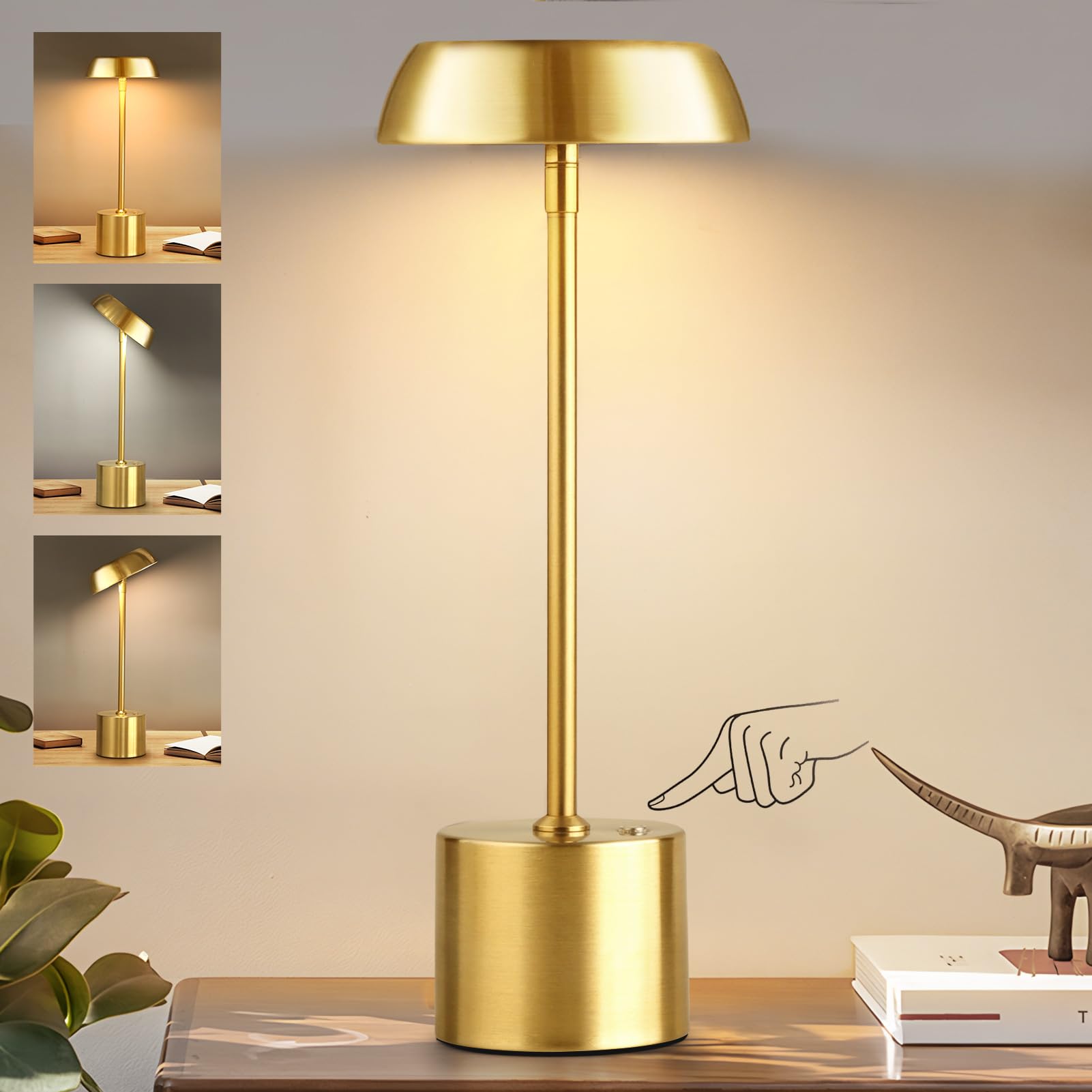 gold cordless table lamp, portable outdoor table light rechargeable, 3 color stepless dimmable lamp with rotatable head, battery operated led lamp for home/bar/patio/restaurant