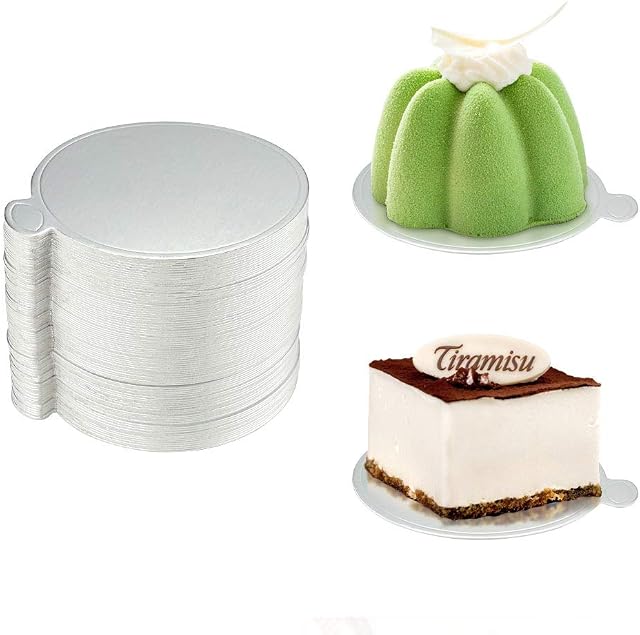 Favengo 100 Pcs Mini Cake Boards 3.54'' Round Cake Plates Christmas Cake Base Boards Disposable Paper Cardboard GreaseProof Cake Display Tray for Cupcakes Bread Mousse Sweets Desserts, Silver