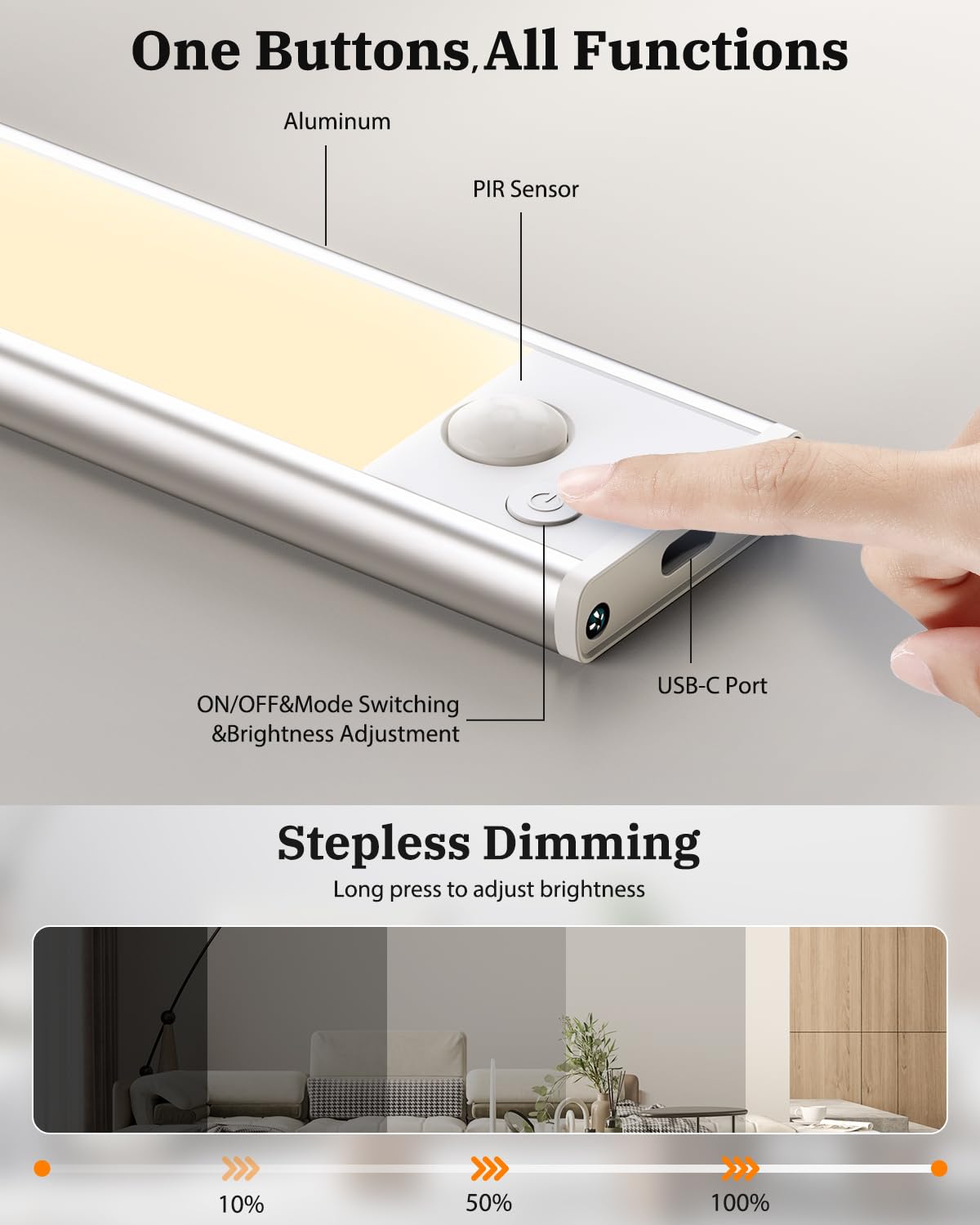 Luces LED de cocina para debajo del gabinete, luces con sensor de movimiento para interiores, luz de armario recargable de 3000 K, 2500 mAh, tira magnética inalámbrica alimentada por USB, luz para