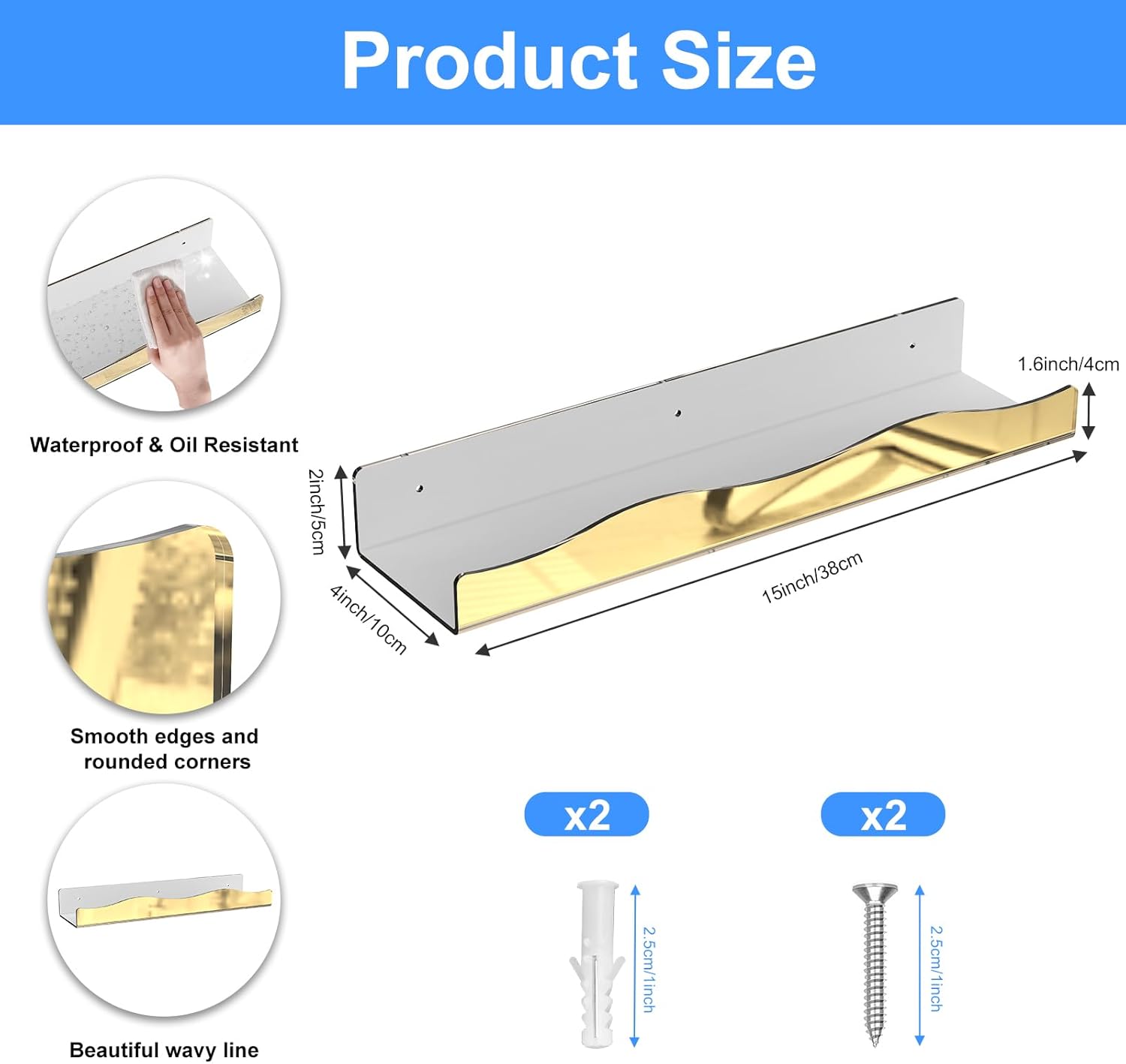 Acrylic Wall Shelf Organizers 15 Inch Floating Shelf for Wall Decor Bookshelf for Kids Modern Mirror Gold Wall Mount Shelf for Living Room, Bedroom, Bathroom (6, Gold Mirror)